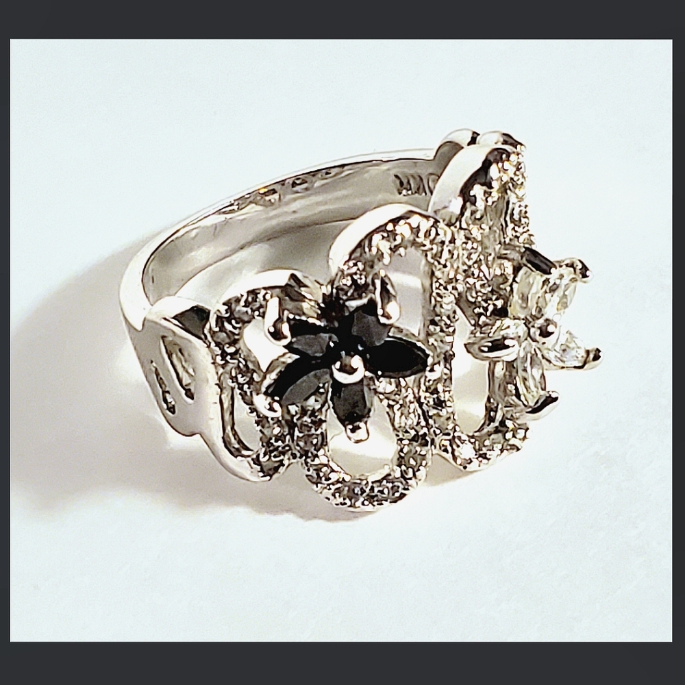 Swirl and Floral NM Silver and CZ Ring